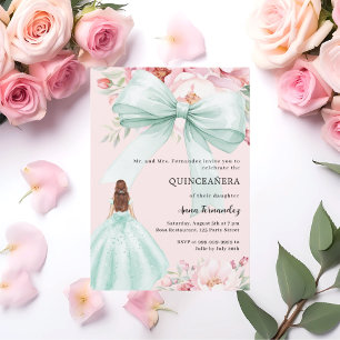 Blush pink bow floral sage green dress Quinceanera Invitation