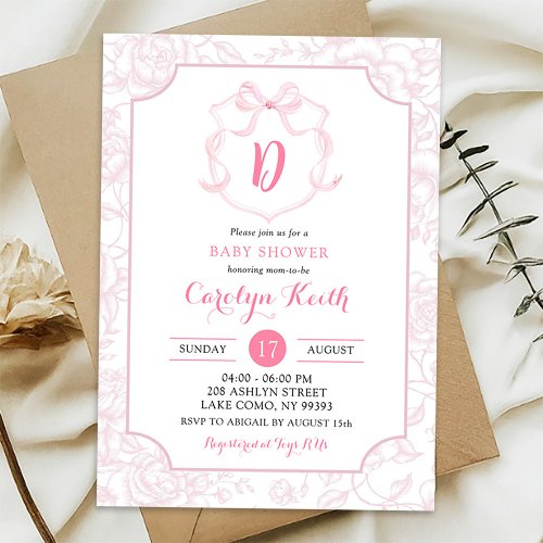 Blush Pink Bow Floral Watercolor Crest Baby Shower Invitation