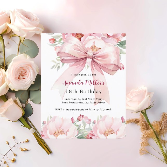 Blush pink bow florals birthday invitation (Creator Uploaded)