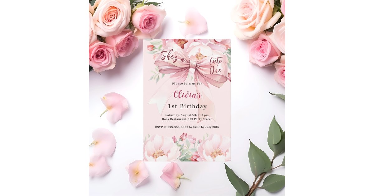 Blush pink bow florals cute one 1st birthday invitation | Zazzle