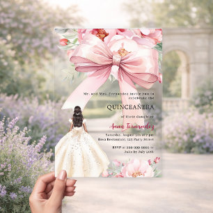 Blush pink bow florals dress Quinceanera clear Acrylic Invitations