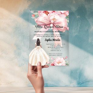 Blush pink bow florals dress Quinceanera clear Acrylic Invitations
