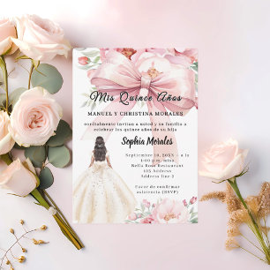Blush pink bow florals dress Quinceanera Invitation