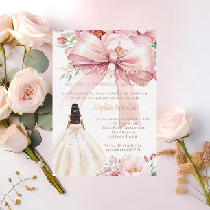 Blush pink bow florals dress rose gold Quinceanera Foil Invitation