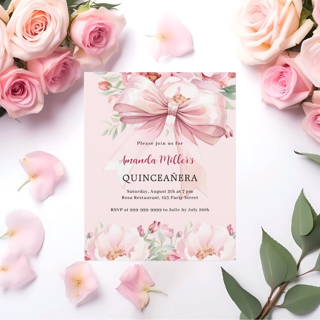 Blush pink bow florals Quinceanera invitation (Creator Uploaded)