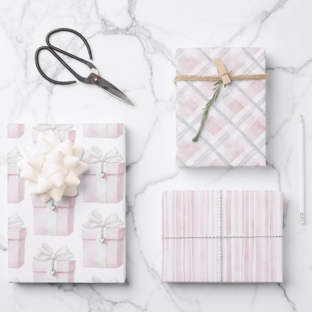 Blush Pink Bow Gift Heart Charm Birthday Wrapping Paper Sheets (Front)