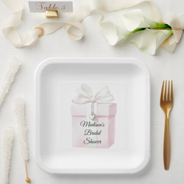 Blush Pink Bow Gift Heart Charm Bridal Shower Paper Plates (Wedding)