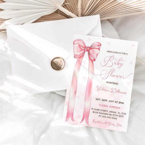 Blush Pink Bow Girl Baby Shower Invitation