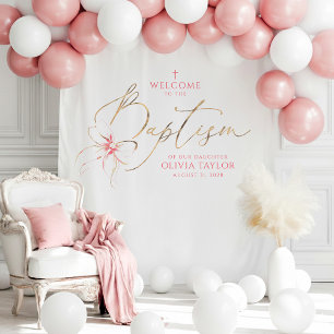 Blush Pink Bow Girl Baptism Photo Backdrop Welcome