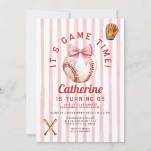 Blush Pink Bow Girl Baseball Game Time Birthday Invitation