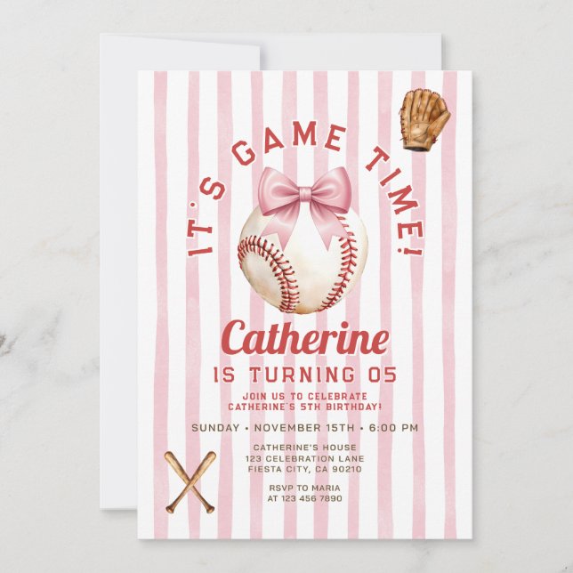 Blush Pink Bow Girl Baseball Game Time Birthday Invitation (Front)