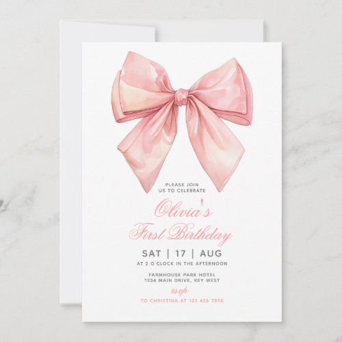 Blush Pink Bow Girl First Birthday Invitation