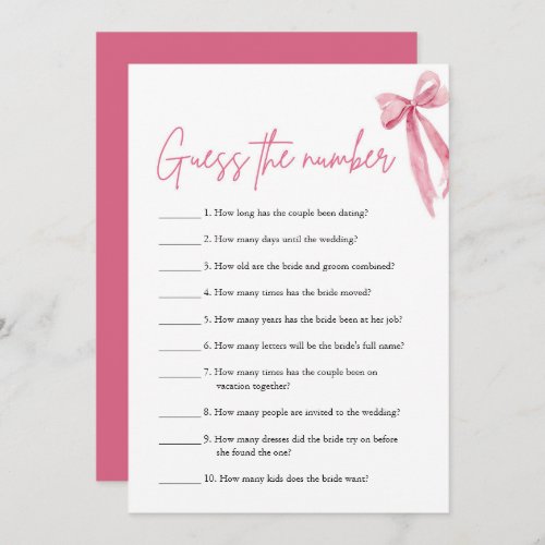 Blush Pink Bow Guess the Number Bridal Shower Game Invitation