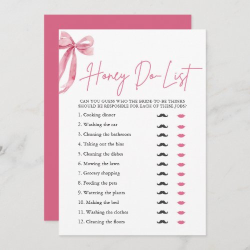 Blush Pink Bow Honey Do List Bridal Shower Game Invitation