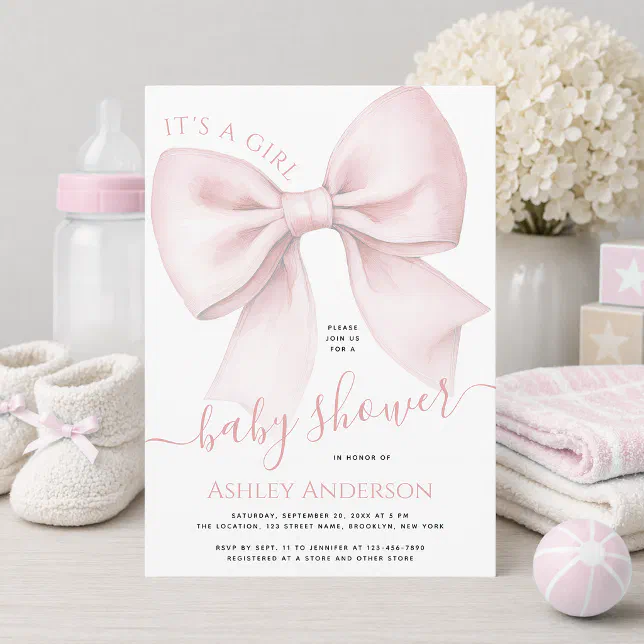 Blush Pink Bow It's a Girl Baby Shower Invitation | Zazzle