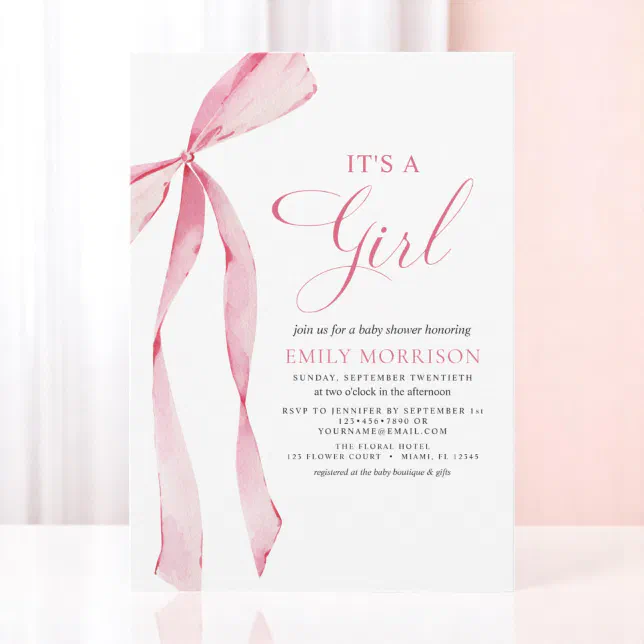 Blush Pink Bow It's a Girl Baby Shower Invitation | Zazzle