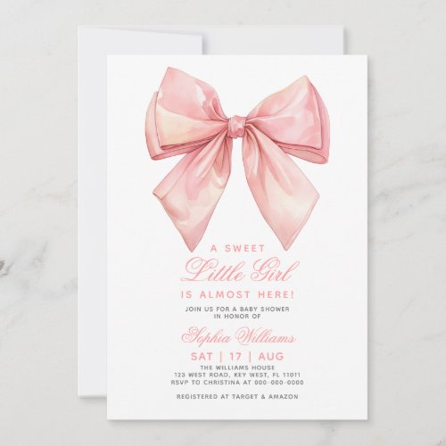 Blush Pink Bow Little Girl Baby Shower Invitation