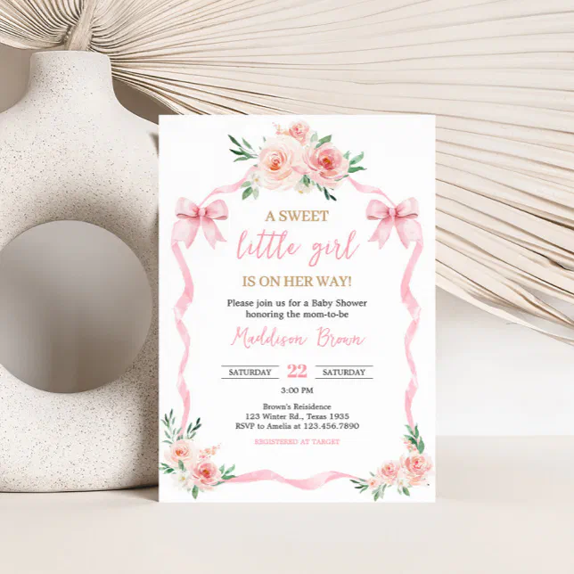Blush Pink Bow Little Girl Baby Shower Invitation | Zazzle