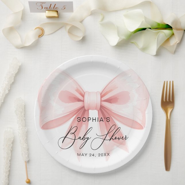 Blush Pink Bow Modern Baby Shower  Paper Plates (Wedding)
