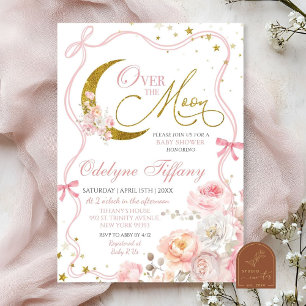 Blush Pink Bow Over The Moon Girl Baby Shower Invitation