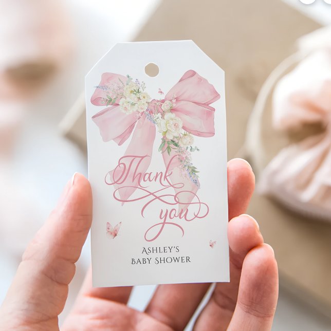 Blush Pink Bow Pastel Floral Baby Shower Thank You Gift Tags (Creator Uploaded)