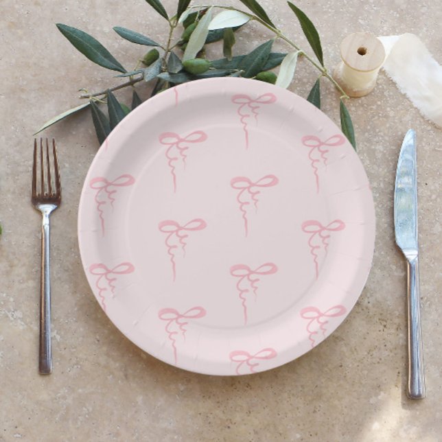 Blush pink bow pattern minimalist girl baby shower paper plates (Creator Uploaded)