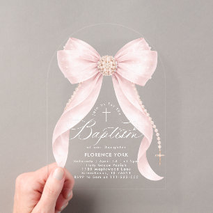 Blush Pink Bow Pearls Baby Girl Baptism Religious Acrylic Invitations