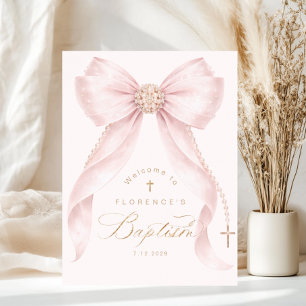 Blush pink Bow Pearls Girl Baptism Welcome Poster