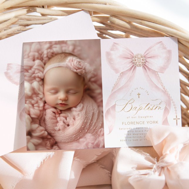 Blush Pink Bow Pearls Gold Cross photo Baptism Invitation (Creator Uploaded)