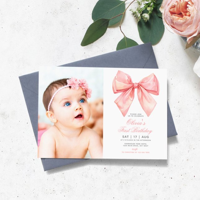 Blush Pink Bow Photo First Birthday Invitation (Creator Uploaded)