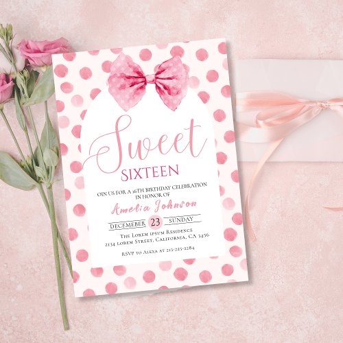 Blush Pink Bow polka dots Sweet sixteen birthday Invitation