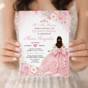 Blush Pink Bow Princess Floral Girl Quinceañera Invitation