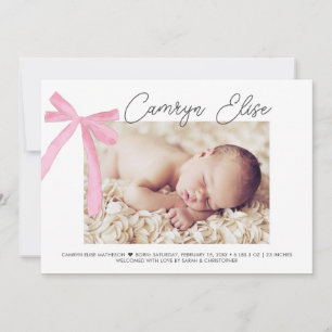 Blush Pink Bow Ribbon Baby Girl Signature & Photo Thank You Card
