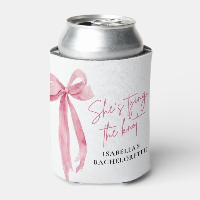 Blush Pink Bow She's Tying the Knot Bachelorette Can Cooler (Can Front)