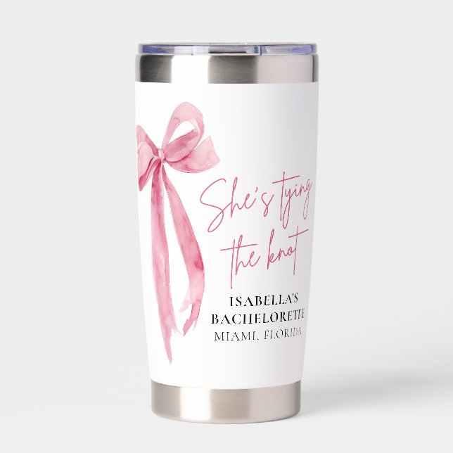 Blush Pink Bow She's Tying the Knot Bachelorette Insulated Tumbler (Front)