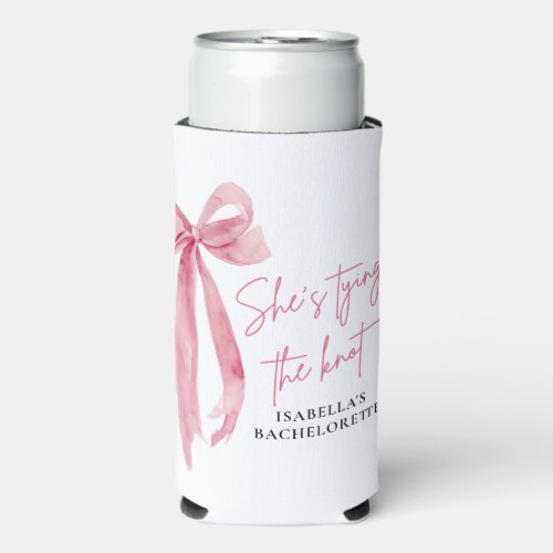 Blush Pink Bow Shes Tying the Knot Bachelorette Seltzer Can Cooler