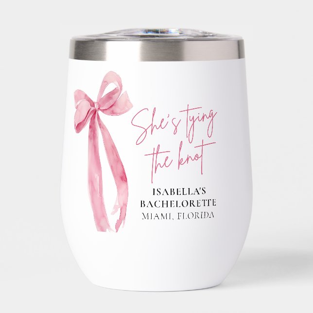 Blush Pink Bow She's Tying the Knot Bachelorette Thermal Wine Tumbler (Front)