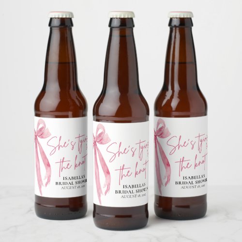 Blush Pink Bow Shes Tying the Knot Bridal Shower  Beer Bottle Label