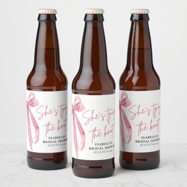 Blush Pink Bow She's Tying the Knot Bridal Shower  Beer Bottle Label (Bottles)