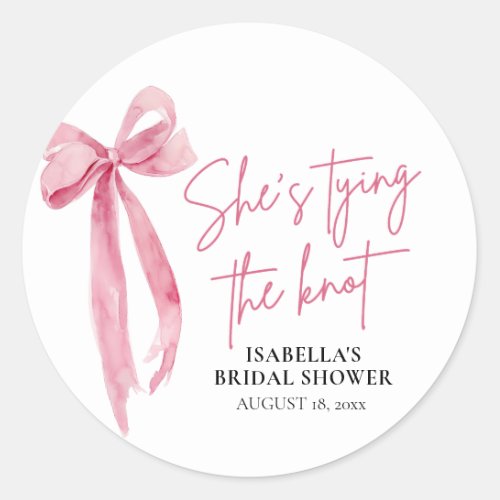Blush Pink Bow Shes Tying the Knot Bridal Shower Classic Round Sticker