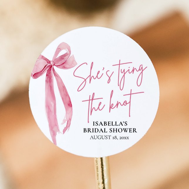 Blush Pink Bow She's Tying the Knot Bridal Shower Classic Round Sticker (Creator Uploaded)
