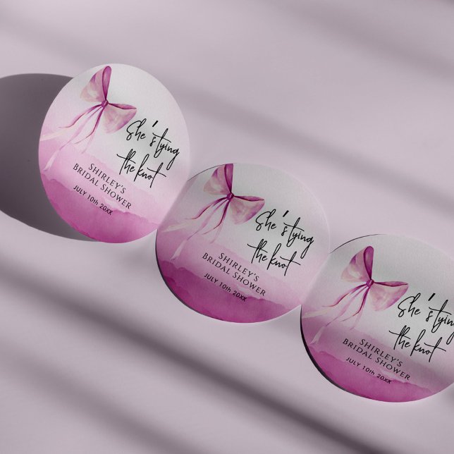 Blush Pink Bow She's Tying the Knot Bridal Shower Classic Round Sticker (Creator Uploaded)