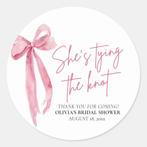 Blush Pink Bow Shes Tying the Knot Bridal Shower Classic Round Sticker