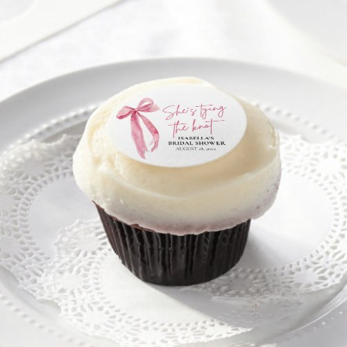 Blush Pink Bow Shes Tying the Knot Bridal Shower Edible Frosting Rounds