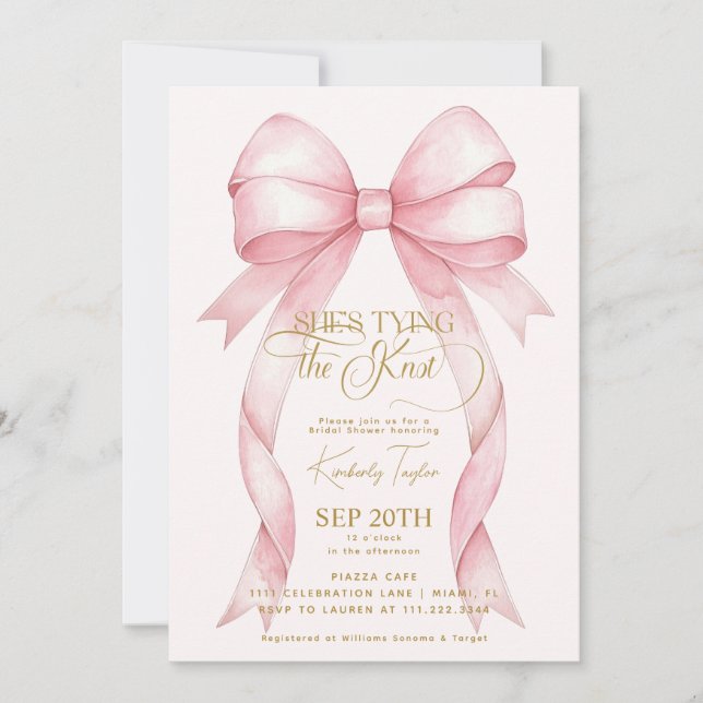 Blush Pink Bow She's Tying the Knot Bridal Shower Invitation (Front)