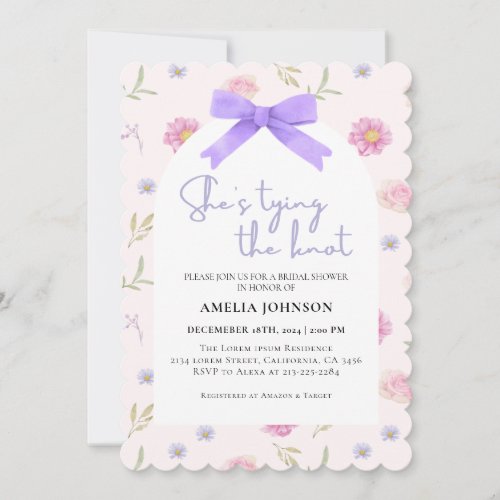 Blush Pink Bow Shes Tying the Knot Bridal Shower  Invitation
