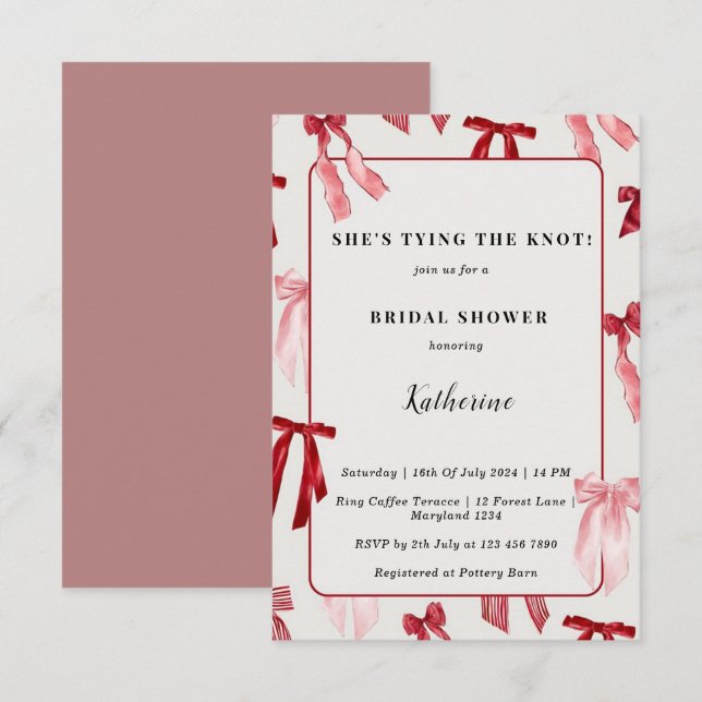 Blush Pink Bow She's Tying the Knot Bridal Shower Invitation (Front/Back)