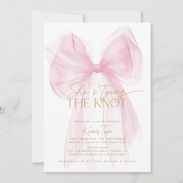 Blush Pink Bow She's Tying the Knot Bridal Shower Invitation (Front)