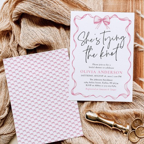 Blush Pink Bow Shes Tying the Knot Bridal Shower Invitation
