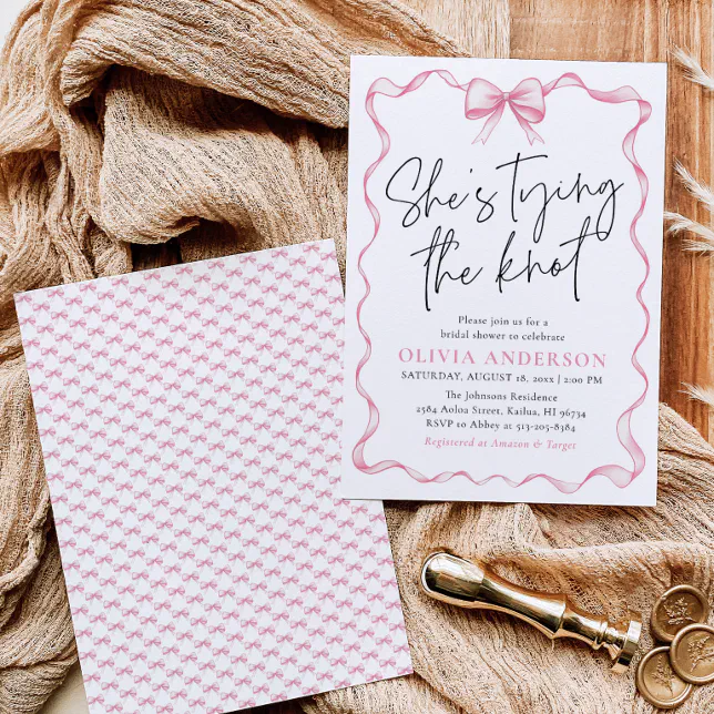 Blush Pink Bow She S Tying The Knot Bridal Shower Invitation Zazzle